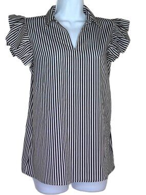 Tahari Layered Flutter Sleeve Top Black & White Stripe Blouse Keyhole Flowy Sz S